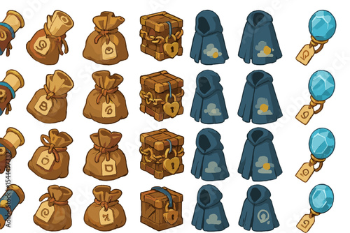 A richly illustrated fantasy‐style item set arranged in a grid of five columns and four rows against a softly gradiented backdrop. From left to right each column features: