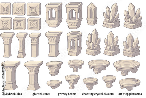 Fantasy stone and crystal platform game asset icon set