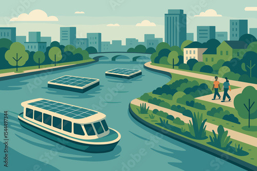 Eco-friendly city river scene with solar-powered boats and walkways