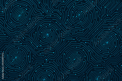 Seamless circuit board pattern with glowing spiral elements