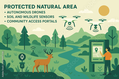 Protected natural area with drones, sensors, and access portal