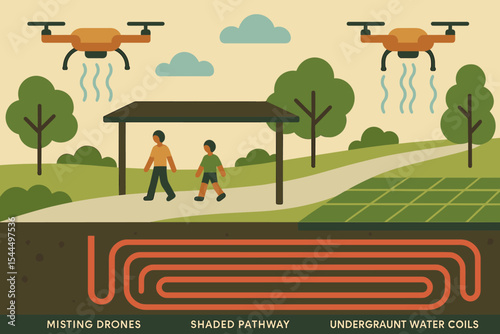 Outdoor cooling concept with misting drones and underground coils