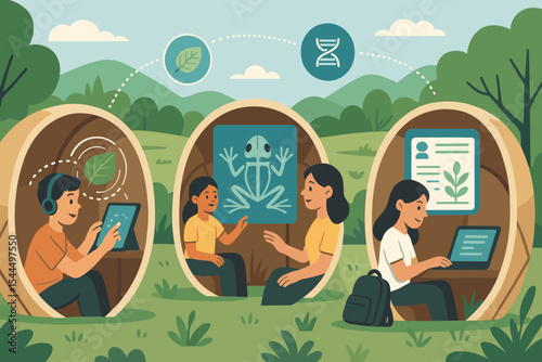 Children exploring biology and botany in outdoor learning pods