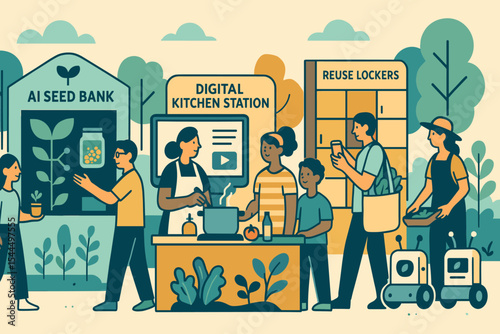 People using AI seed bank, digital kitchen, and reuse lockers