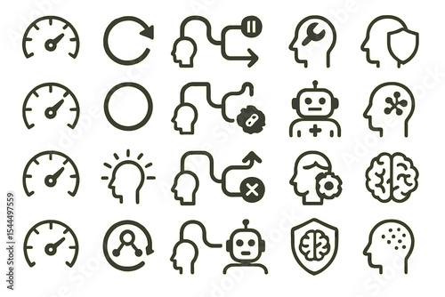 Minimalist icons of AI, brains, and mental process symbols