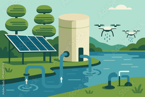 Illustration of eco-friendly water management with solar panels and drones.