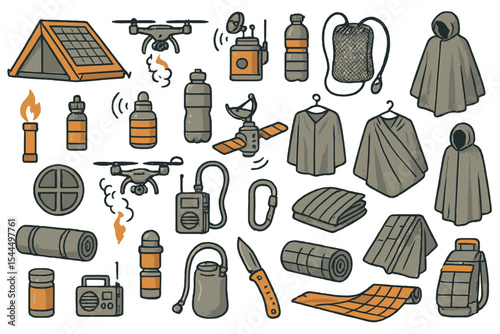 Hand-drawn survival gear and camping essentials icon set