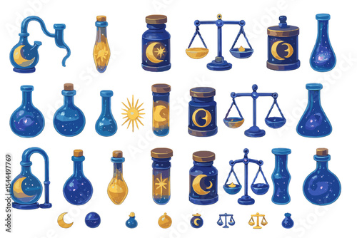 Fantasy potion bottle and alchemy icon set with celestial motifs