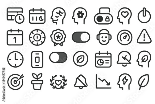 Set of minimal black wellness and productivity icons on gray