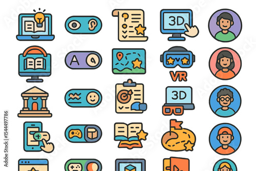 Colorful educational interface icon set featuring learning modes, accessibility, and avatars