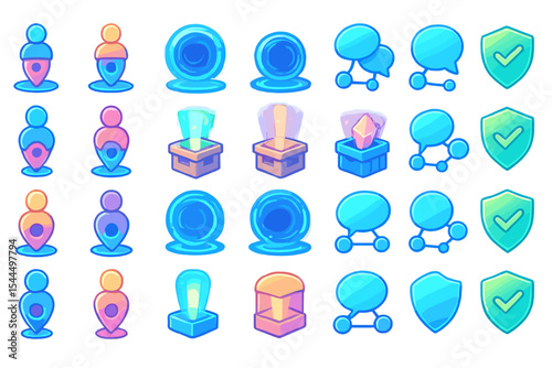 Glowing futuristic UI icon set with location pins, portals, chat, loot crates, and shields