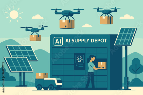 Futuristic AI-powered supply depot with drones and solar panels