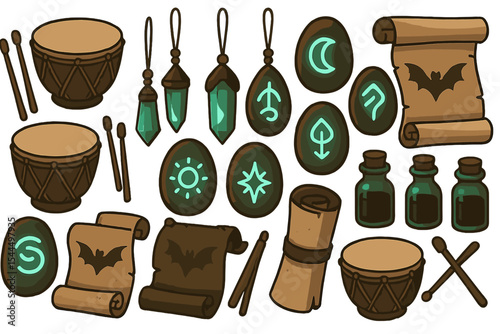 Fantasy icon set with glowing runes, scrolls, potions, and drums