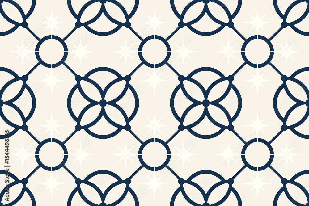 Fototapeta premium Seamless geometric floral pattern with navy blue circular motifs