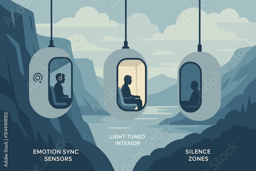 Futuristic pods with emotion sync sensors, light-tuned interiors, and silence zones in a serene landscape.