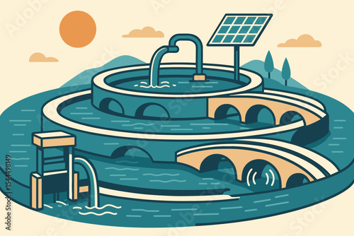 Illustration of a water treatment system with solar panels and bridges.
