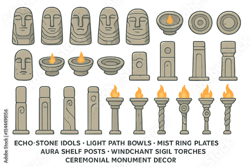 Set of ceremonial stone icons, including idols, bowls, torches, and posts.