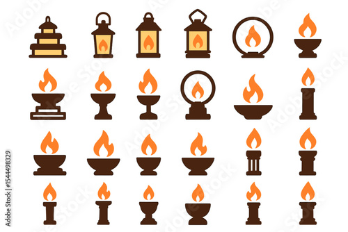 Stylized fantasy flame icon set with lanterns, braziers, and glowing firelight
