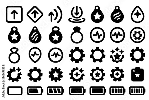 Black fantasy tech icon set with upgrade arrows, health pulses, gears, and power levels