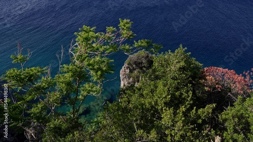 Scenic view of a rocky cliff covered in vibrant green foliage, overlooking the deep blue waters of the Mediterranean Sea