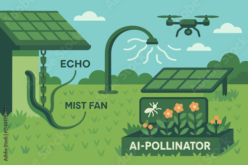 Illustration of smart garden with solar tech, drone, mist fan, and AI pollination