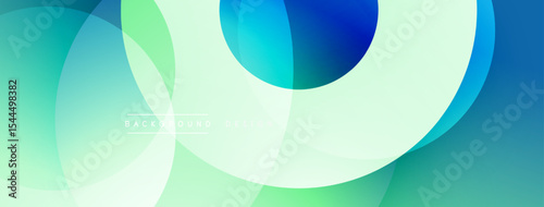 Abstract background features overlapping translucent circles. Colors range from teal to blue, creating dynamic visual effect. Minimalist design.