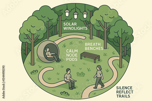 Wellness park illustration with calm pods, benches, trails, and solar lights
