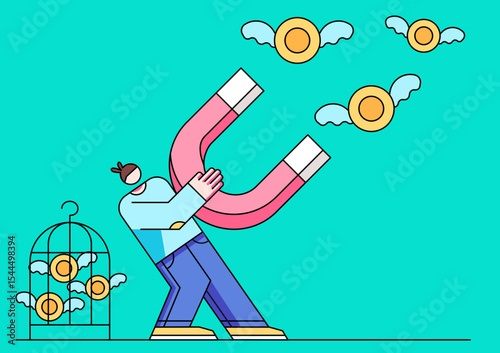 A person attracting flying coins with a magnet, symbolizing income, financial success, and smart money.