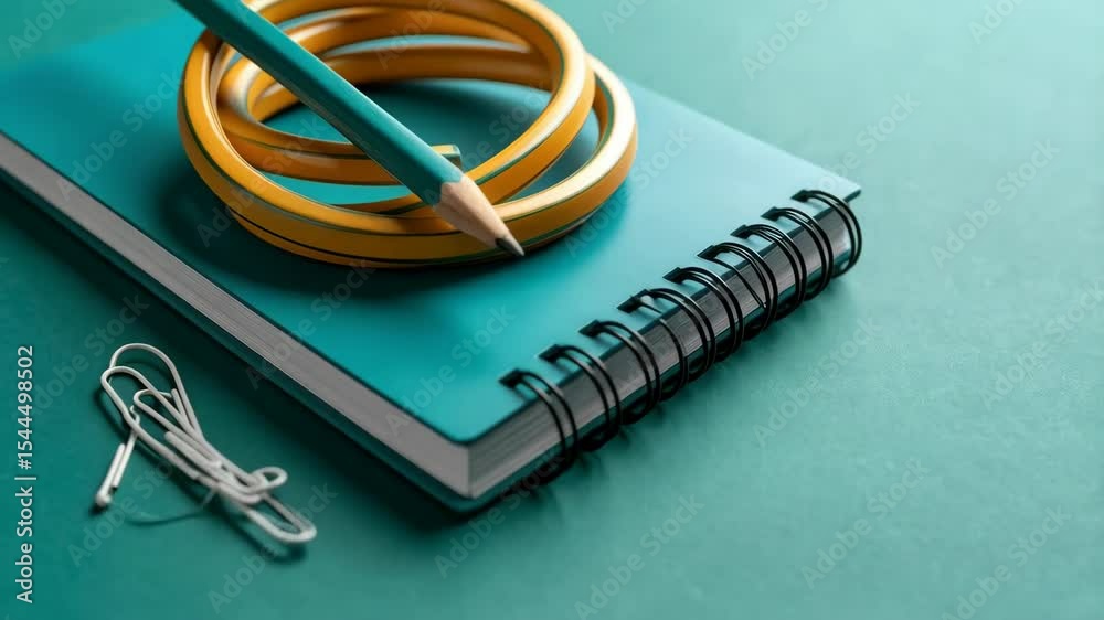 Spiral bound notebook with flexible pencil and silver paperclips on a solid green background in flat lay close-up studio shot