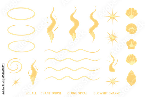Golden glowing magic effect set with torches, waves, stars, and charms