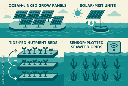 Illustration of ocean farming systems with solar and sensor tech