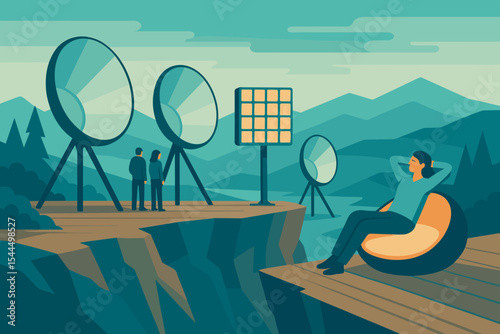 Futuristic landscape featuring large reflectors, a person relaxing on a seat, and a scenic view of mountains.