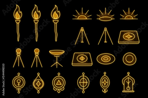 Set of neon gold mystical icons featuring flames, geometric shapes, and symbolic designs.