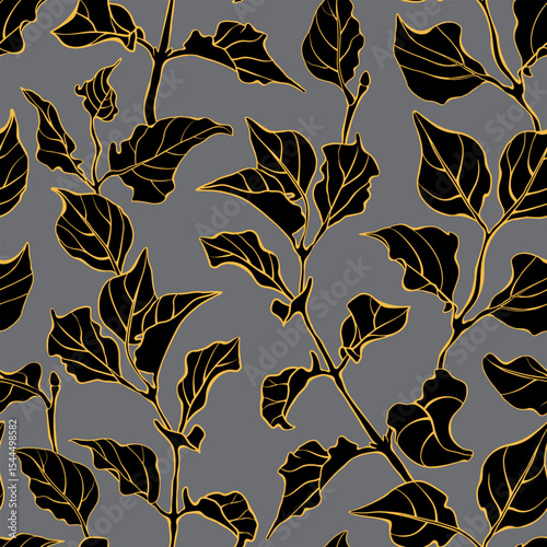 Floral seamless pattern. Black leaves and branches on gray backround. Vector illustration.