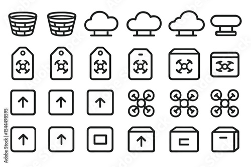Set of icons for aerial logistics, drones, and packaging with cloud and direction symbols.