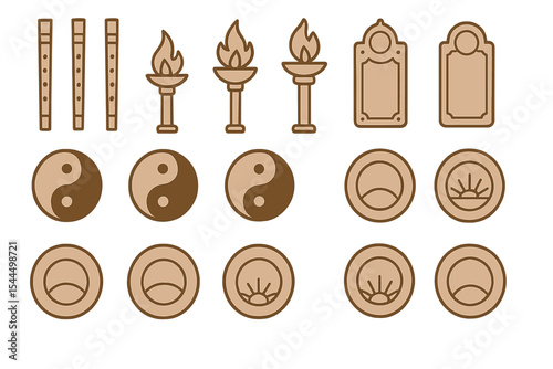 Set of traditional symbols including torches, yin-yang, and decorative elements.
