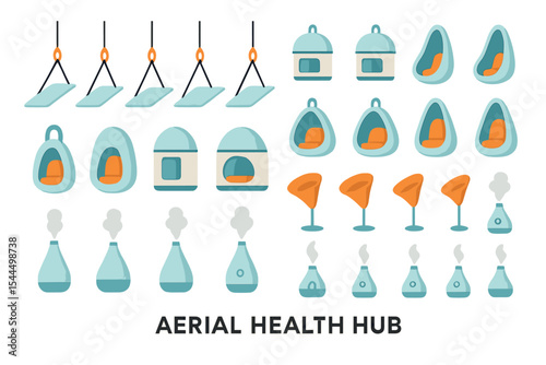 Vector icon set of aerial wellness hub features including pods, mats, and diffusers