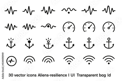 Set of 30 minimalist vector icons with waves, anchors, and meters