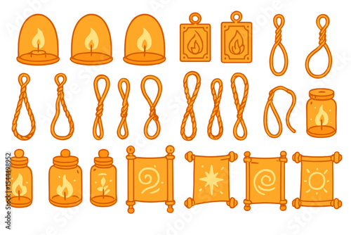 Hand-drawn fantasy icons of potions, scrolls, ropes, and flames