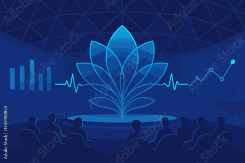 Futuristic wellness conference with lotus display and analytics
