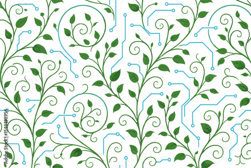 A seamless pattern of intertwining green plant vines with glowing blue circuit lines, symbolizing the fusion of nature and technology.