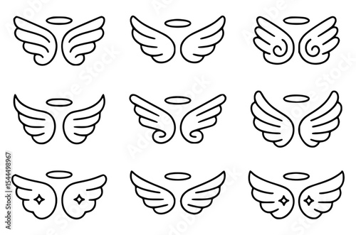 Collection of minimalist angel wings and halos in various designs