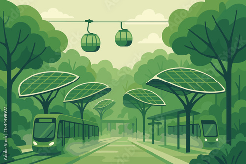 A modern eco-friendly urban transport system featuring green trams, cable cars, and solar-powered trees in a lush, green environment.