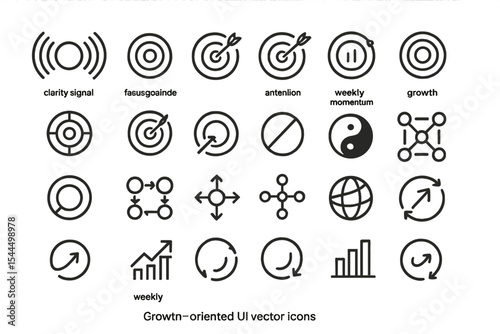 A set of growth-oriented vector icons depicting progress, targets, momentum, global reach, and continuous improvement, ideal for UI designs.
