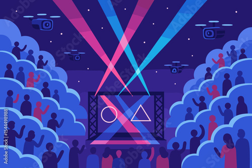 A vibrant live show with colorful spotlight beams, geometric visuals, and drones flying above an enthusiastic crowd at a futuristic performance.
