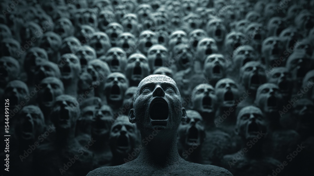 Obraz premium Crowd of Faceless Figures Screaming Silently Behind a Calm Central Figure in a Dark Setting