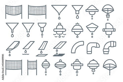 Set of minimalist icons for water filtration, collection, and plumbing systems, featuring funnels, pipes, nets, and water containers.