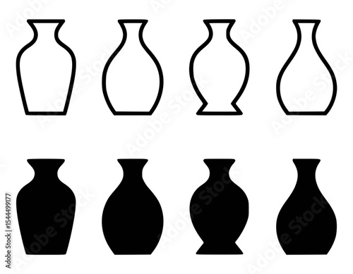 Collection of minimalist vase silhouettes and outlines in black and white perfect for design projects