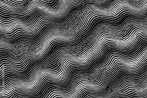 Abstract black and white pattern with dynamic, flowing wavy lines and texture.