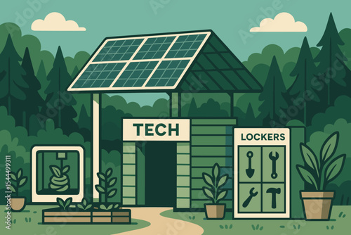 Eco-friendly tech and tool storage building with solar panels, surrounded by greenery.